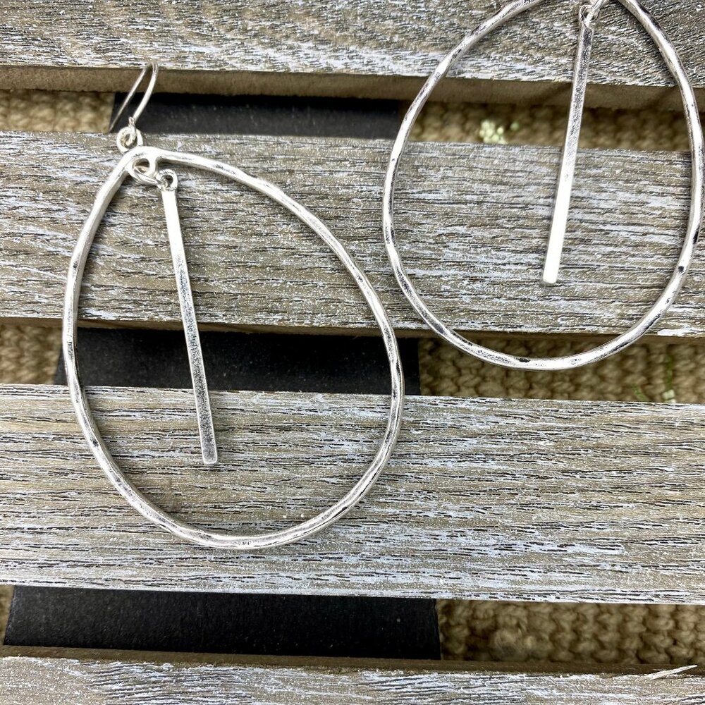 Silver Teardrop Hammered Hoop Earrings with Metal Tassel Fishhook